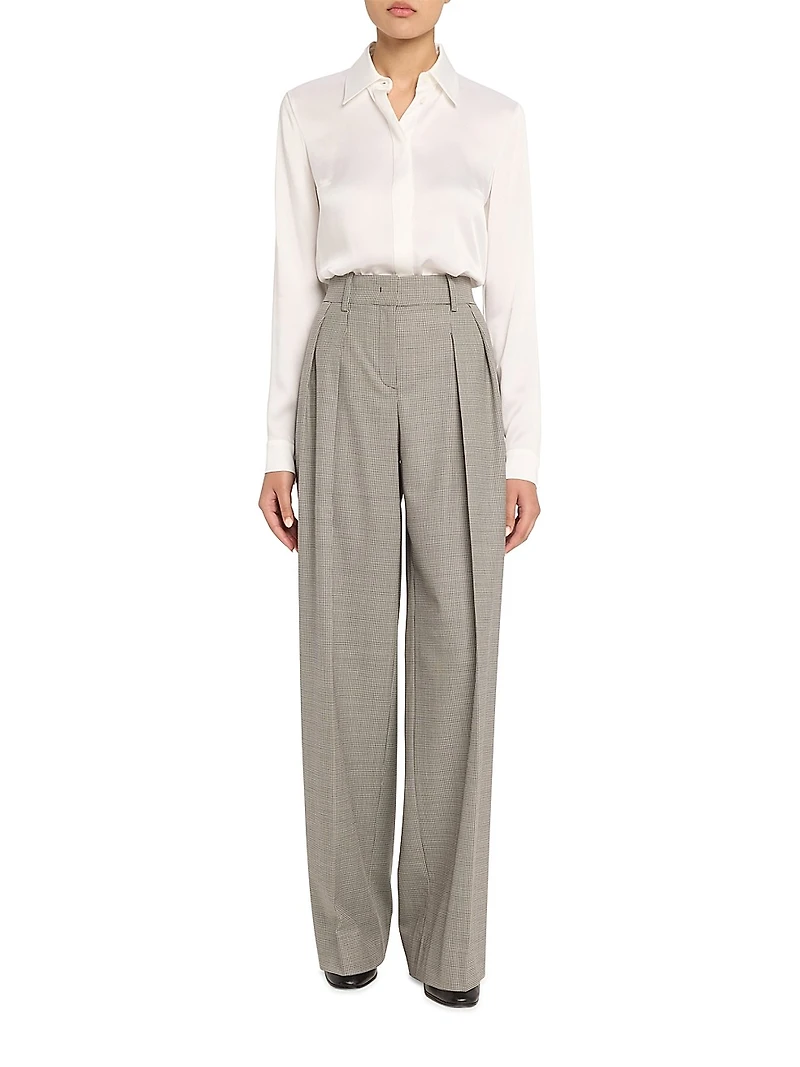 Pleated Houndstooth Wide-Leg Trousers