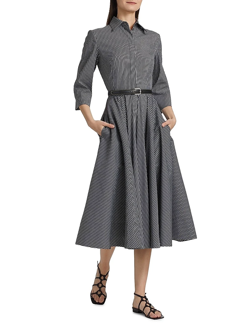 Striped Cotton-Blend Belted Midi-Shirtdress