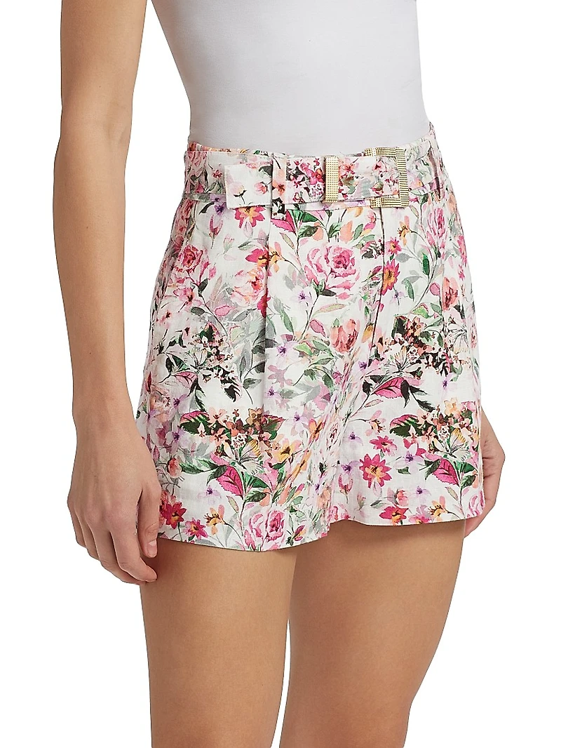 Glenn Floral Linen-Blend Belted Tailored Shorts