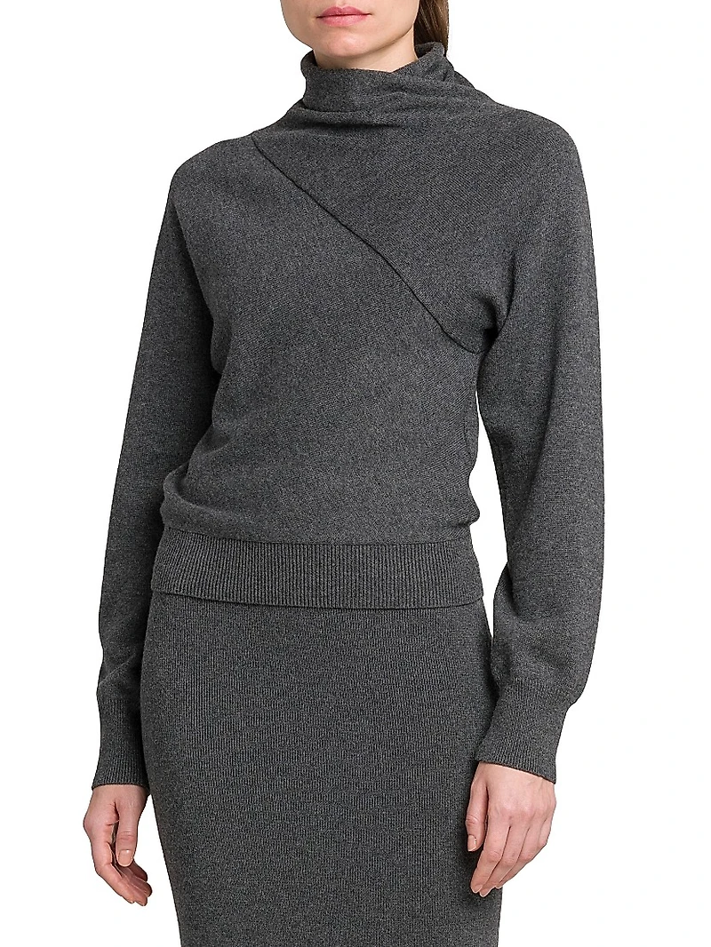 Wrap Collar Cashmere-Cotton Turtleneck