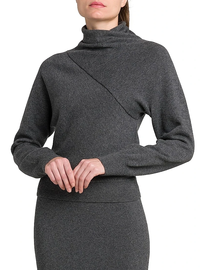 Wrap Collar Cashmere-Cotton Turtleneck