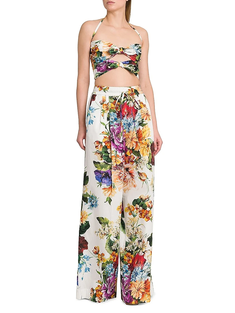 Rafia Fiori Floral Pleated Wide-Leg Pants