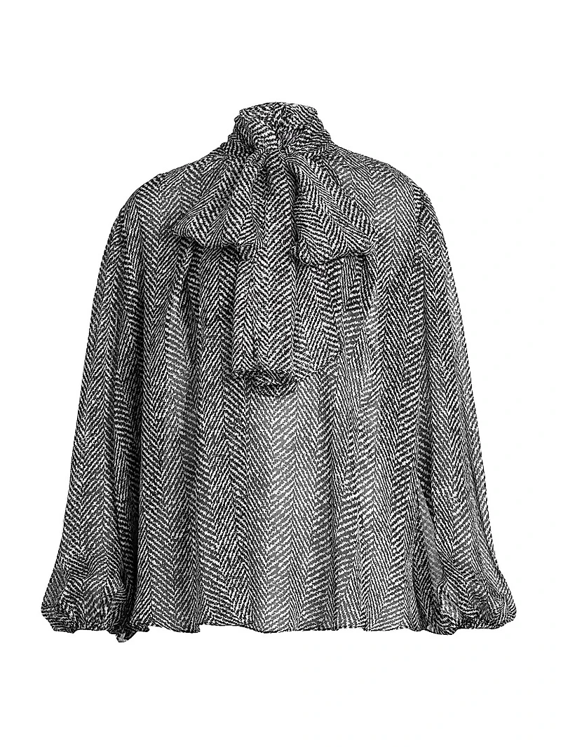 Italian Tailoring Herringbone Silk Tie-Neck Blouse