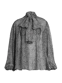 Italian Tailoring Herringbone Silk Tie-Neck Blouse