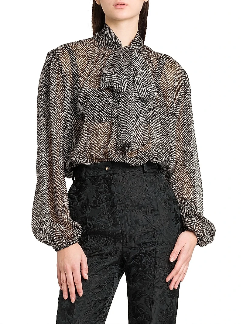 Italian Tailoring Herringbone Silk Tie-Neck Blouse