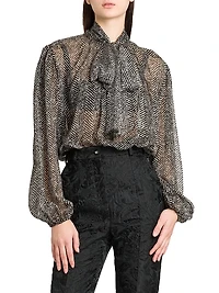 Italian Tailoring Herringbone Silk Tie-Neck Blouse