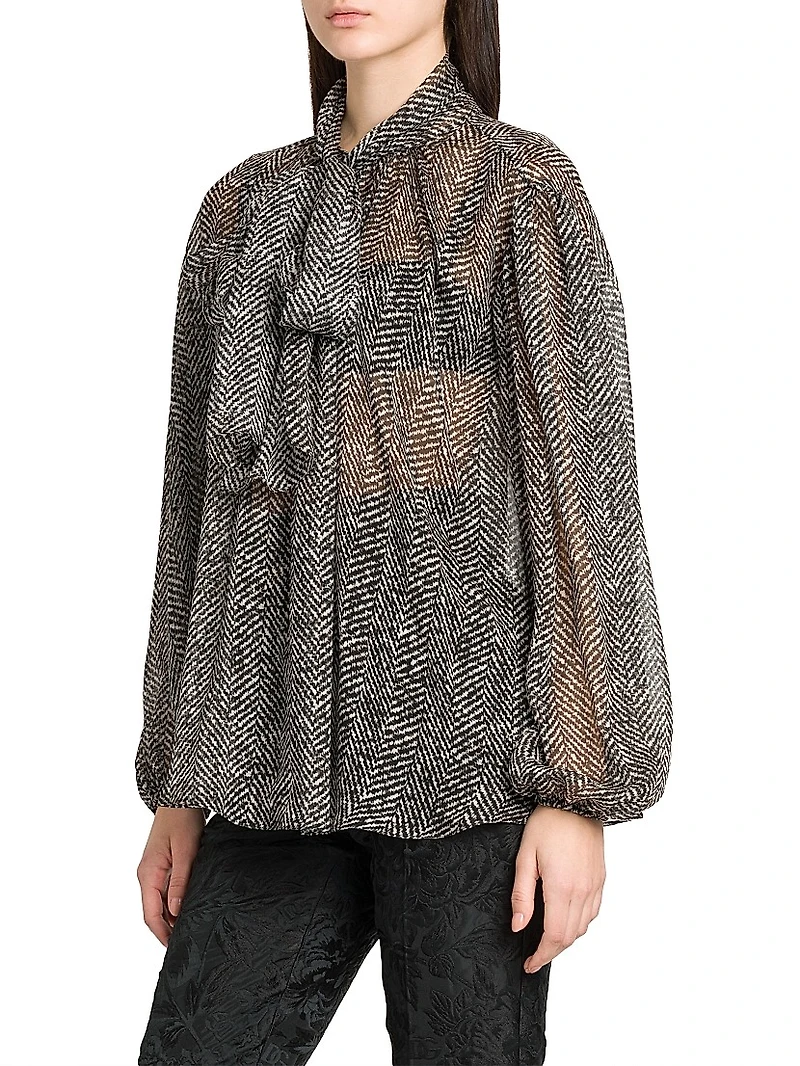 Italian Tailoring Herringbone Silk Tie-Neck Blouse