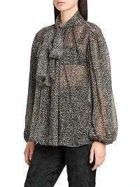 Italian Tailoring Herringbone Silk Tie-Neck Blouse