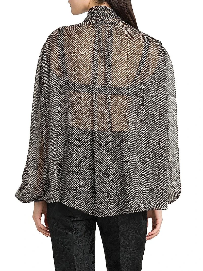 Italian Tailoring Herringbone Silk Tie-Neck Blouse