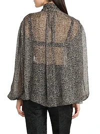 Italian Tailoring Herringbone Silk Tie-Neck Blouse