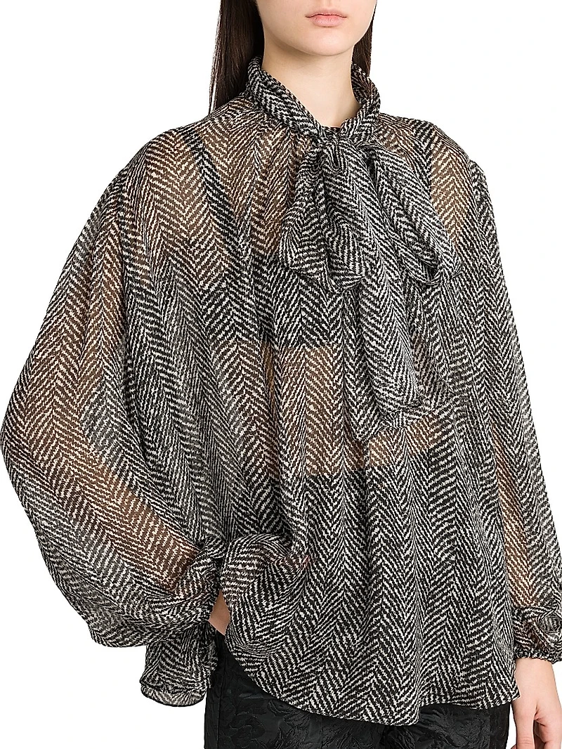 Italian Tailoring Herringbone Silk Tie-Neck Blouse