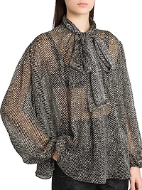 Italian Tailoring Herringbone Silk Tie-Neck Blouse