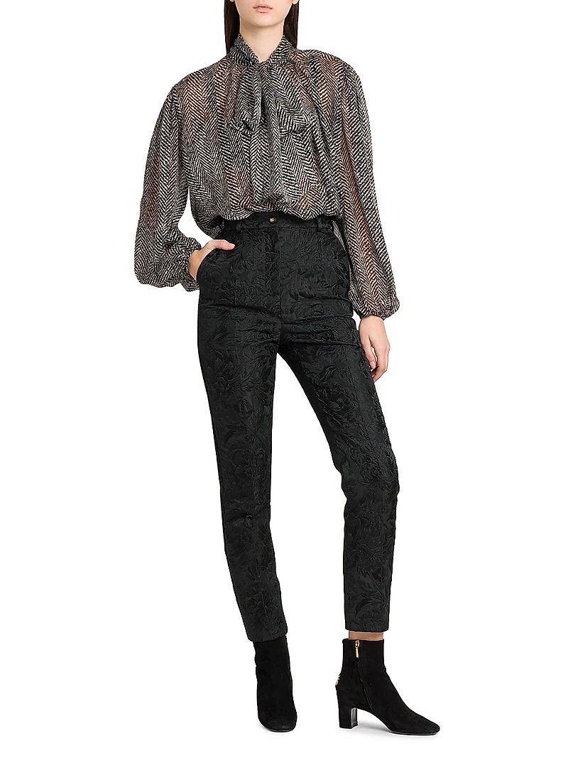 Italian Tailoring Herringbone Silk Tie-Neck Blouse