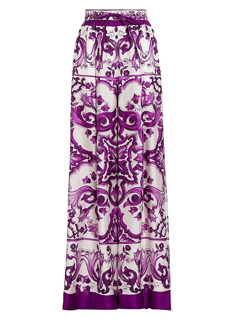 Majolica Print Silk Wide-Leg Pants