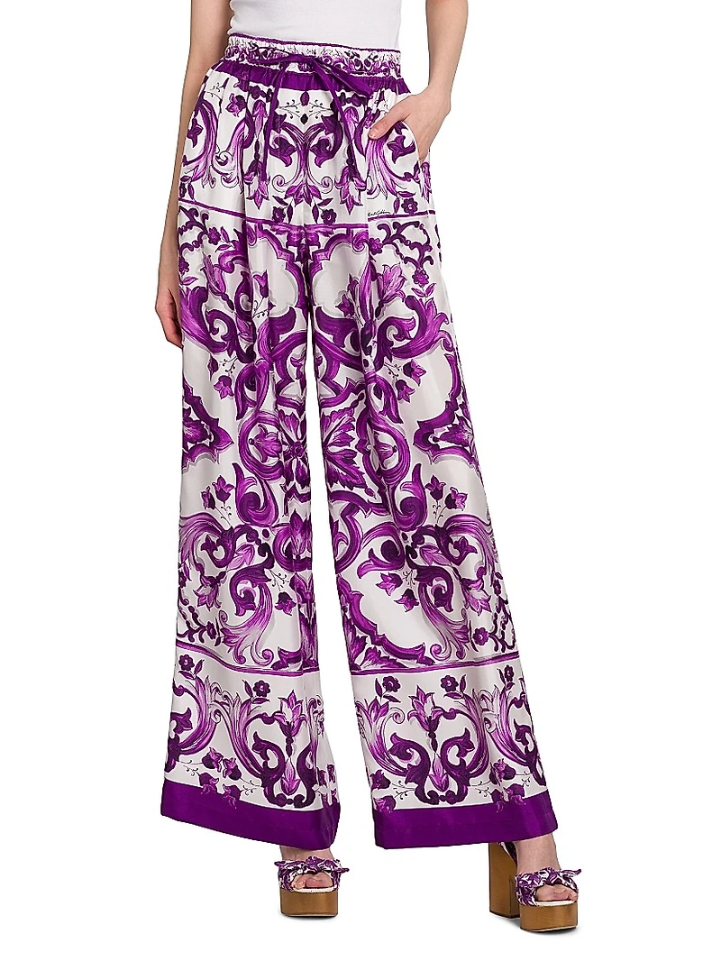 Majolica Print Silk Wide-Leg Pants