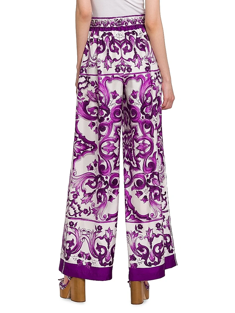 Majolica Print Silk Wide-Leg Pants