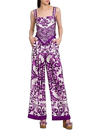 Majolica Print Silk Wide-Leg Pants