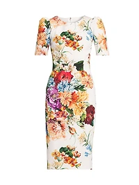 Rafia Fiori Floral Puff-Sleeve Midi-Dress