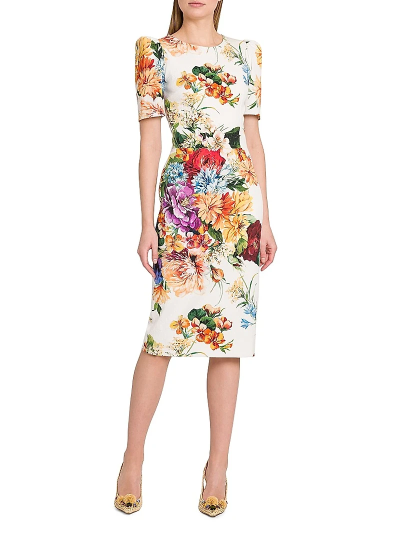 Rafia Fiori Floral Puff-Sleeve Midi-Dress
