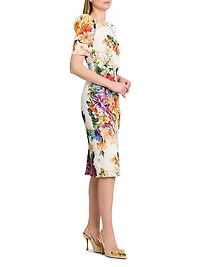 Rafia Fiori Floral Puff-Sleeve Midi-Dress