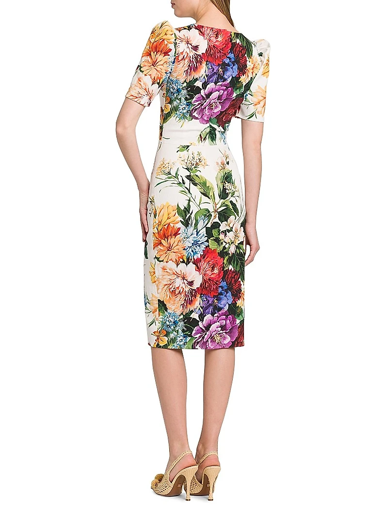 Rafia Fiori Floral Puff-Sleeve Midi-Dress