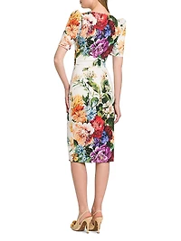 Rafia Fiori Floral Puff-Sleeve Midi-Dress
