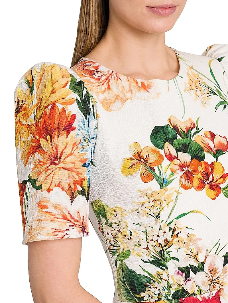 Rafia Fiori Floral Puff-Sleeve Midi-Dress