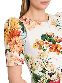 Rafia Fiori Floral Puff-Sleeve Midi-Dress