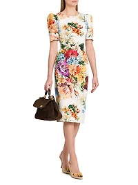 Rafia Fiori Floral Puff-Sleeve Midi-Dress