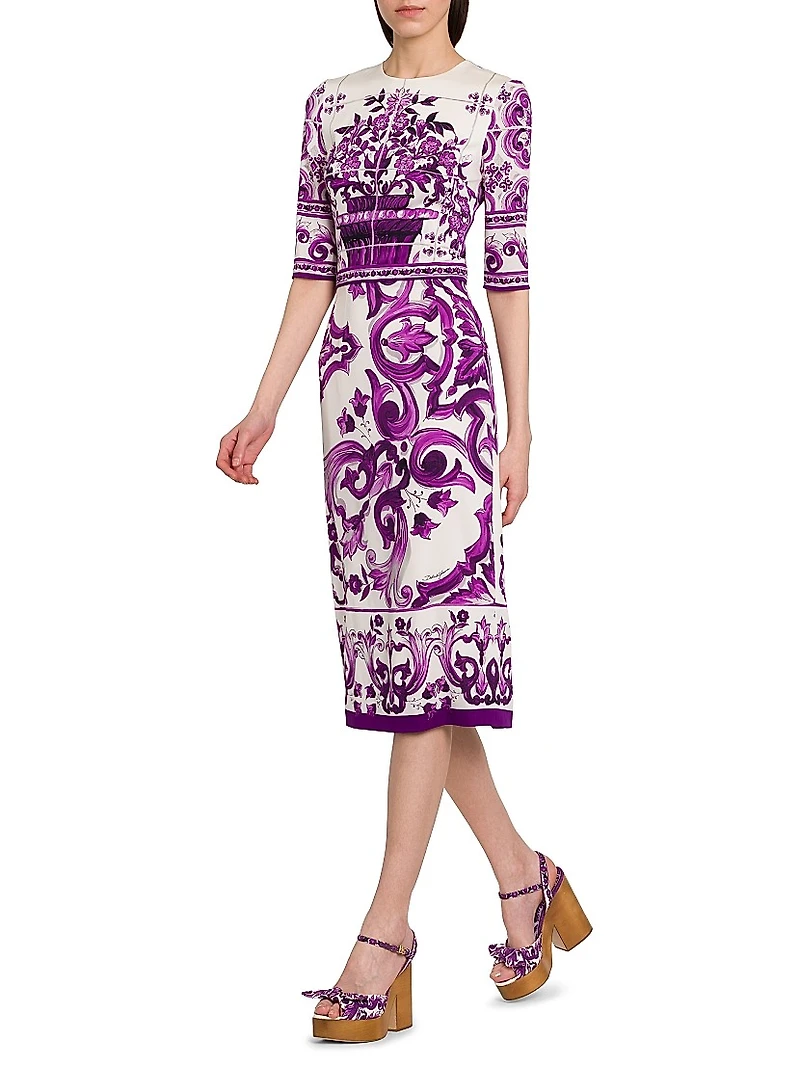 Majolica Print Silk Midi-Dress