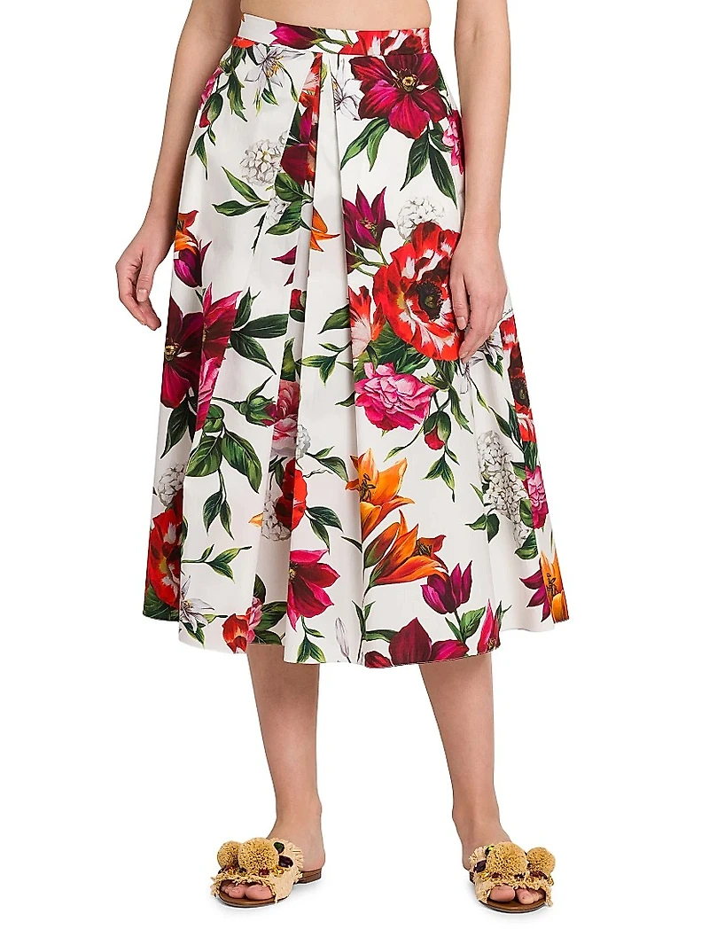 Rafia Fiori Floral Pleated Cotton Poplin Midi-Skirt