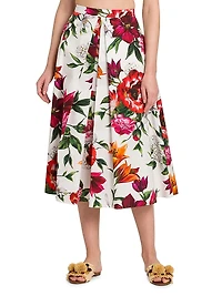 Rafia Fiori Floral Pleated Cotton Poplin Midi-Skirt