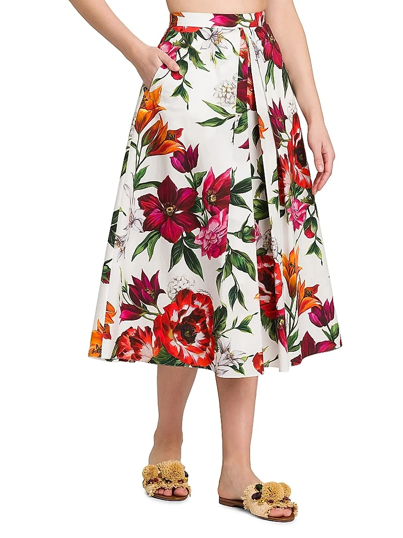 Rafia Fiori Floral Pleated Cotton Poplin Midi-Skirt