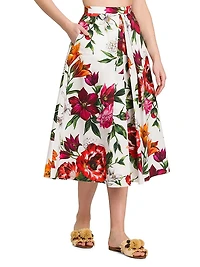 Rafia Fiori Floral Pleated Cotton Poplin Midi-Skirt