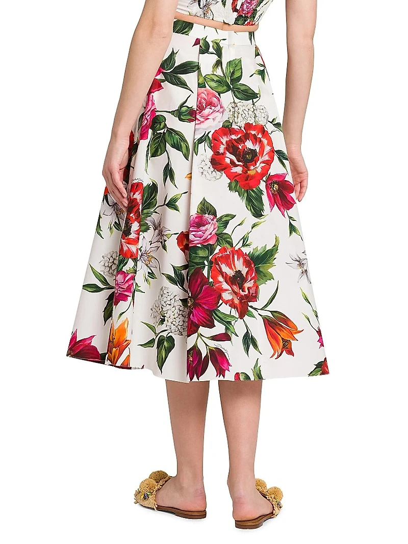 Rafia Fiori Floral Pleated Cotton Poplin Midi-Skirt
