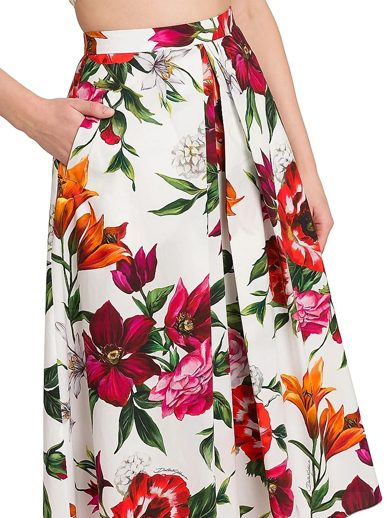 Rafia Fiori Floral Pleated Cotton Poplin Midi-Skirt