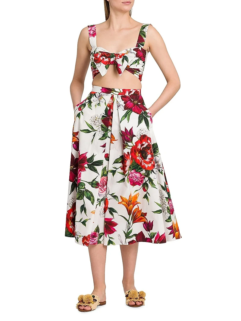 Rafia Fiori Floral Pleated Cotton Poplin Midi-Skirt