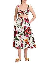 Rafia Fiori Floral Pleated Cotton Poplin Midi-Skirt