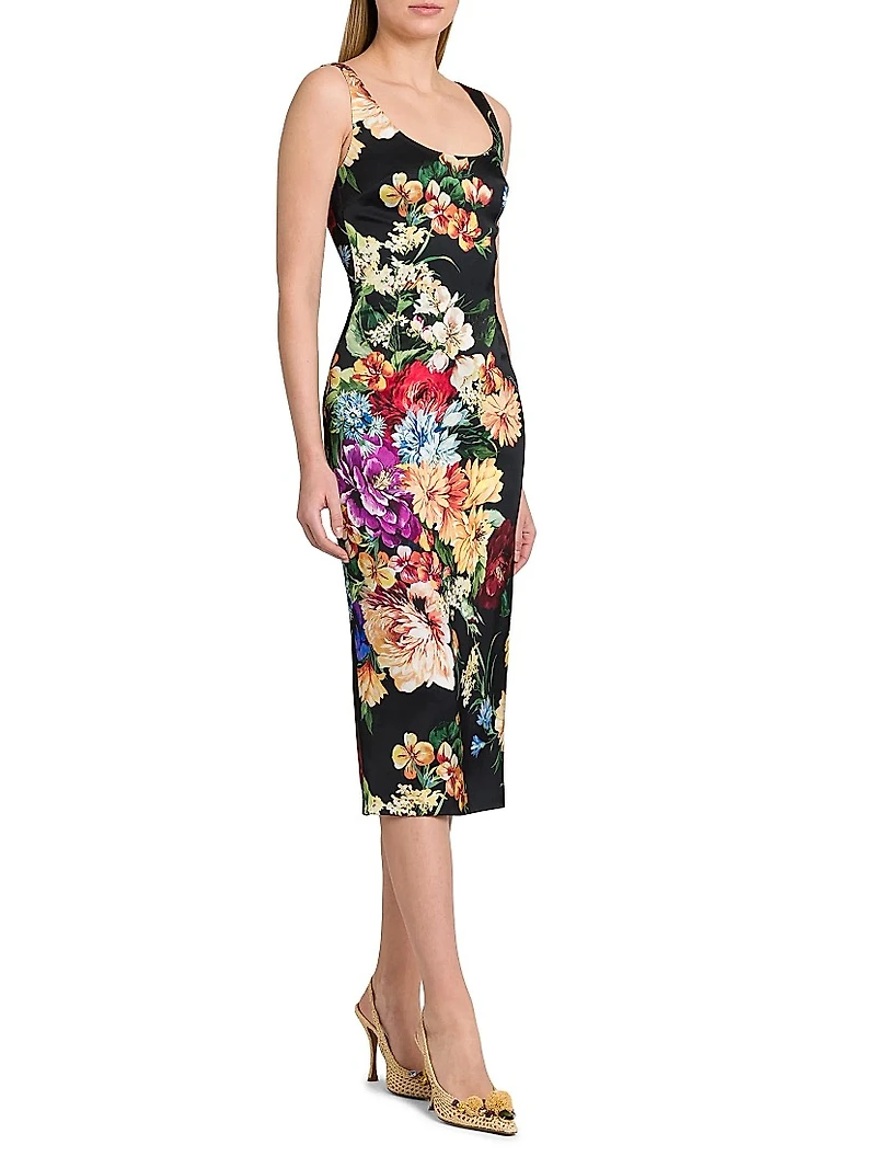Rafia Fiori Floral Scoopneck Satin Midi-Dress