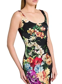 Rafia Fiori Floral Scoopneck Satin Midi-Dress