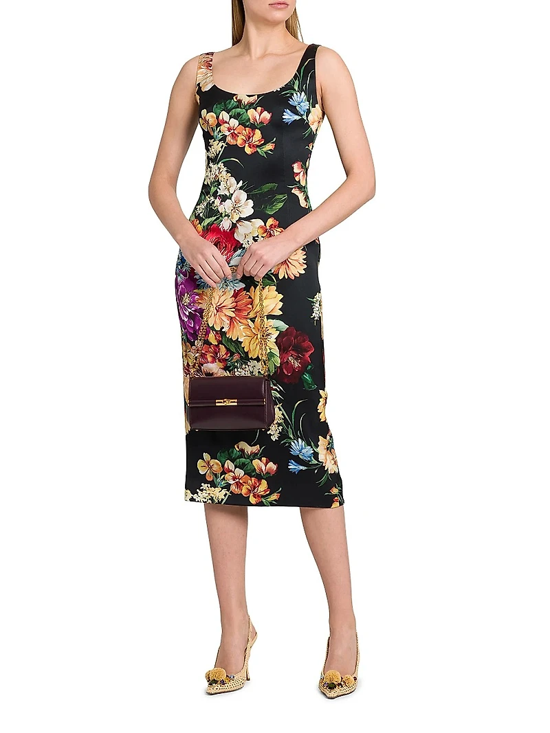 Rafia Fiori Floral Scoopneck Satin Midi-Dress