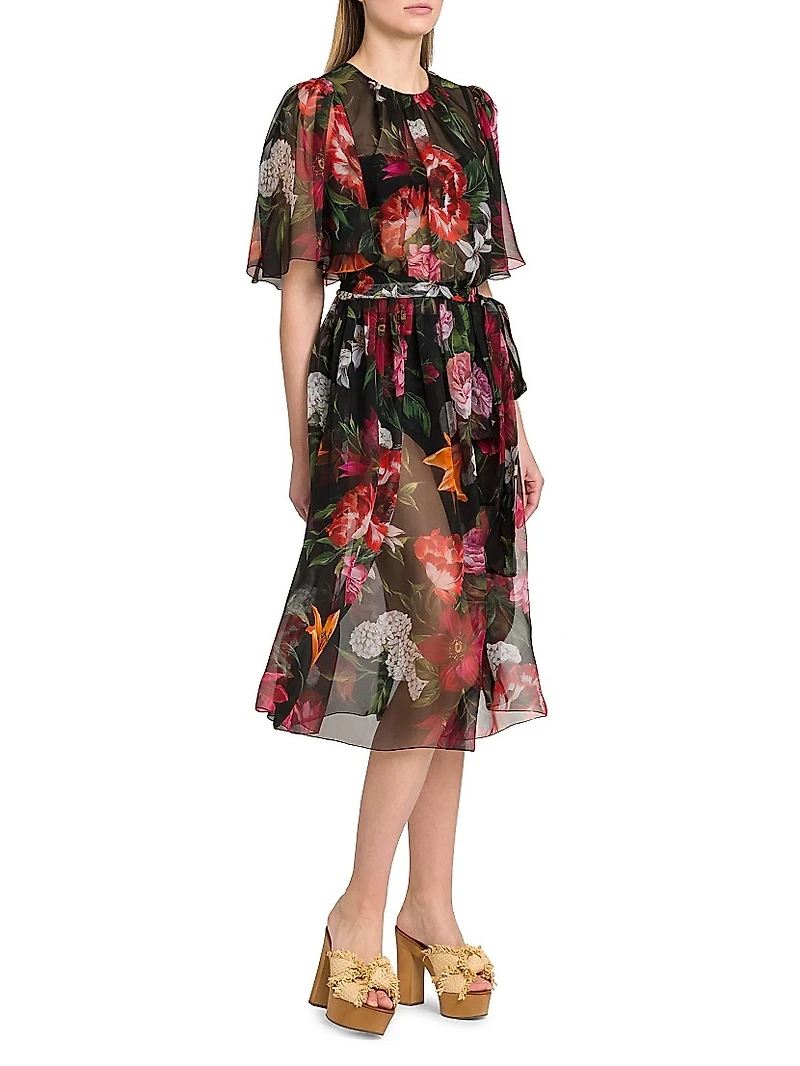 Rafia Fiori Floral Sheer Silk Midi-Dress