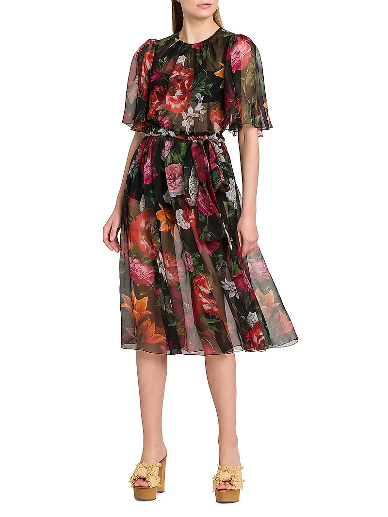 Rafia Fiori Floral Sheer Silk Midi-Dress