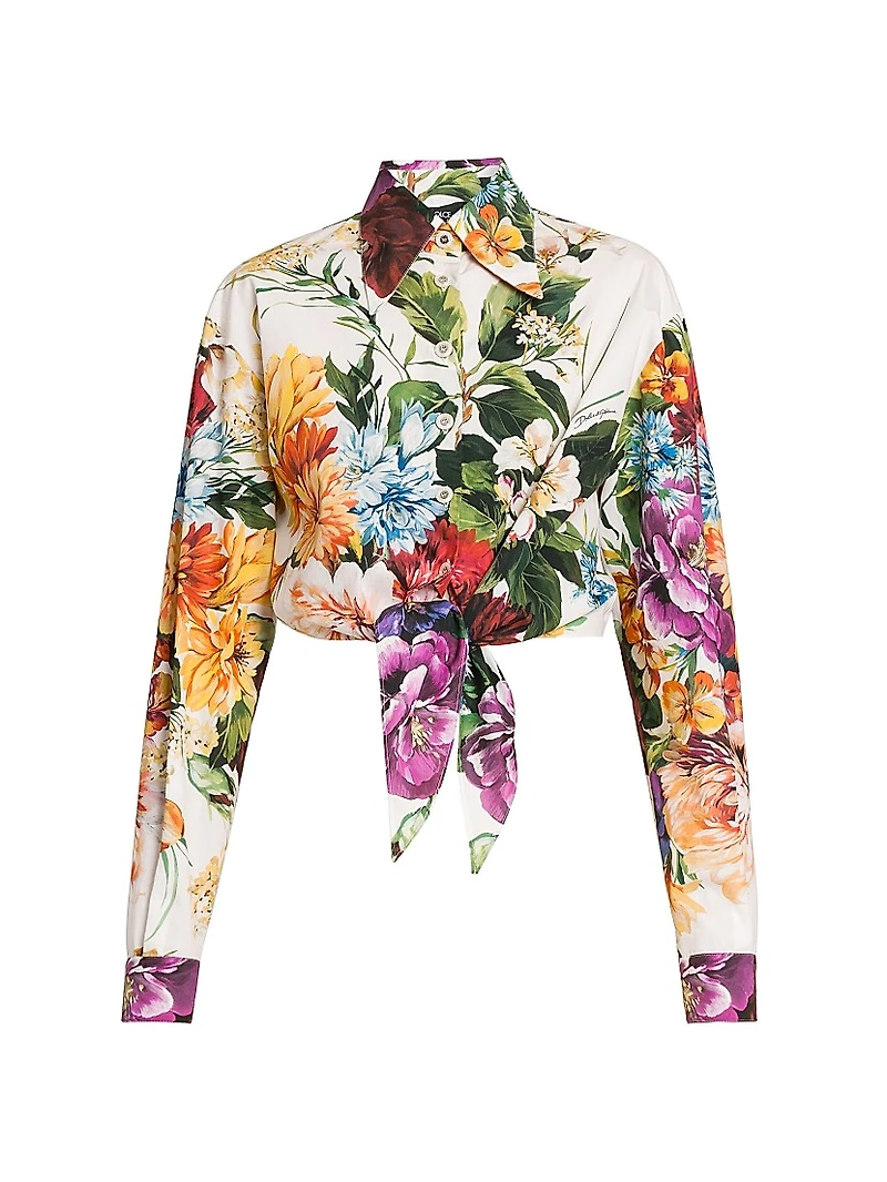 Rafia Fiori Tie-Front Cropped Shirt