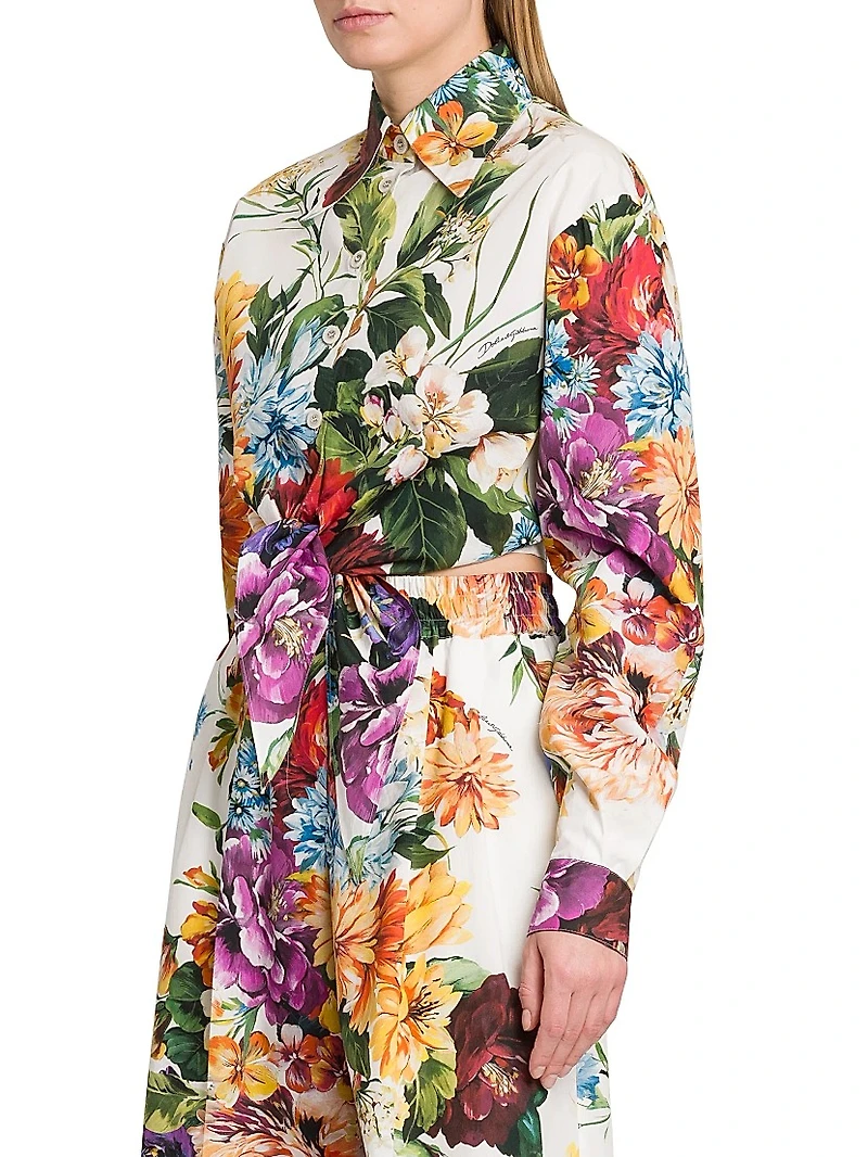 Rafia Fiori Tie-Front Cropped Shirt