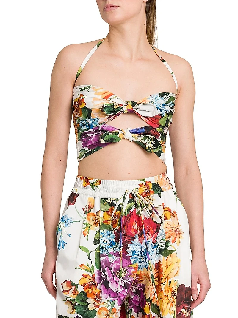 Rafia Fiori Floral Bow Cut-Out Cropped Top