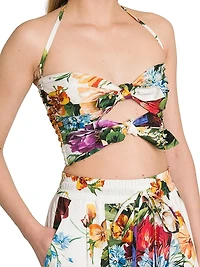 Rafia Fiori Floral Bow Cut-Out Cropped Top