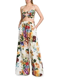 Rafia Fiori Floral Bow Cut-Out Cropped Top