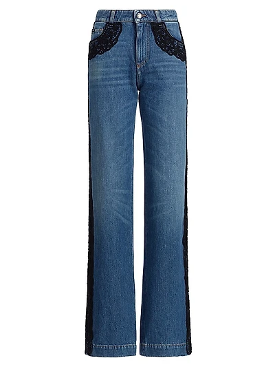 Lace-Trimmed Straight Mid-Rise Jeans