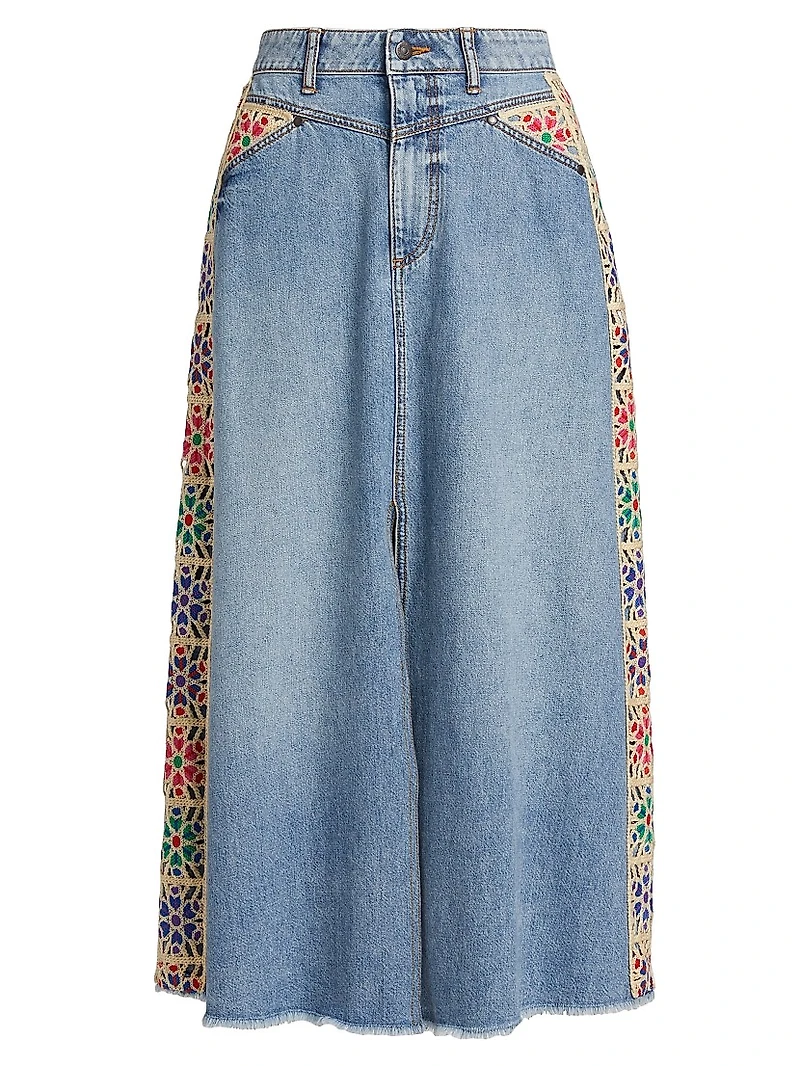 Morgann Floral-Embroidered Cotton Denim Midi-Skirt